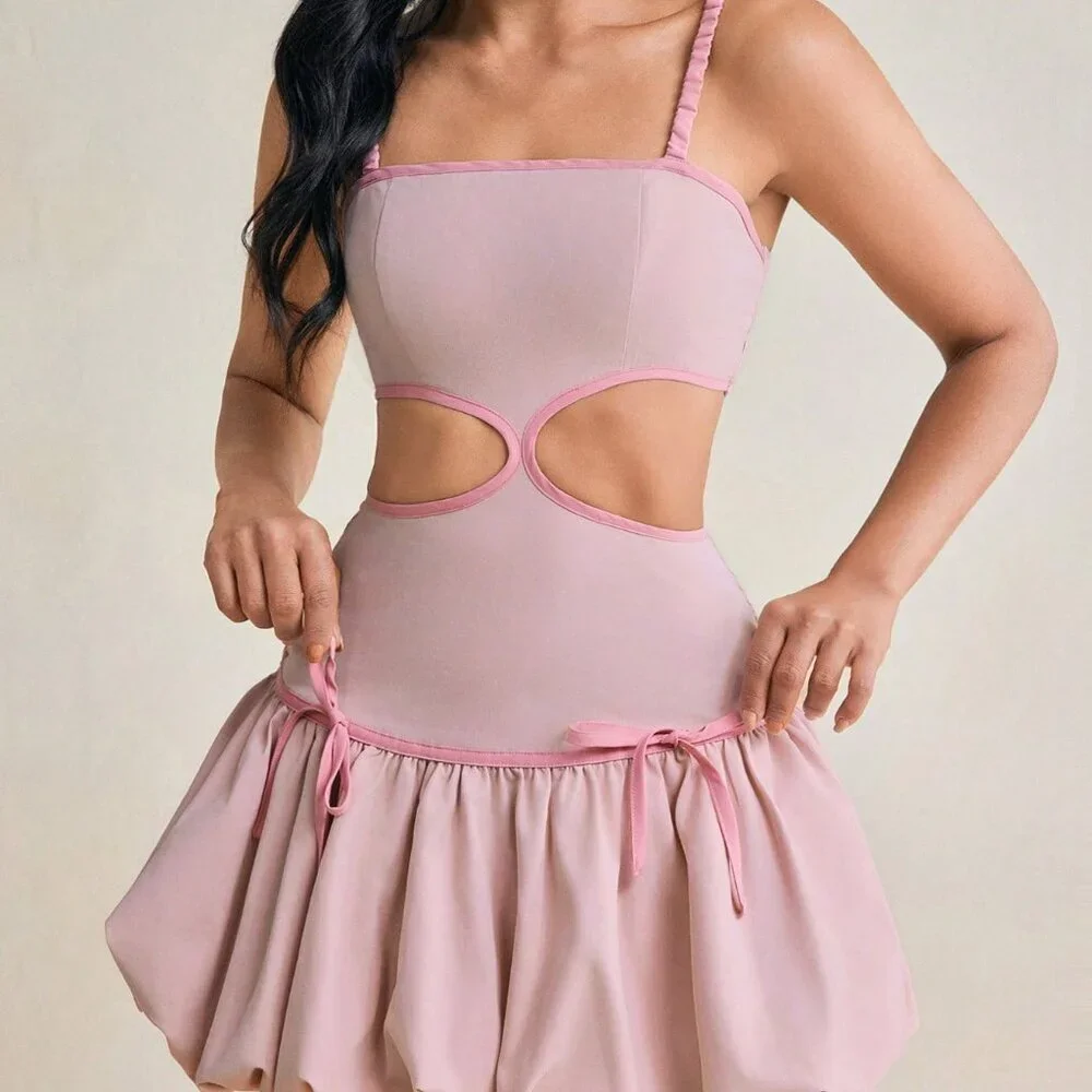 Pink Sexy Women's Bubble Hem Cutout Smocking Mini Dress - Picture 6 of 7
